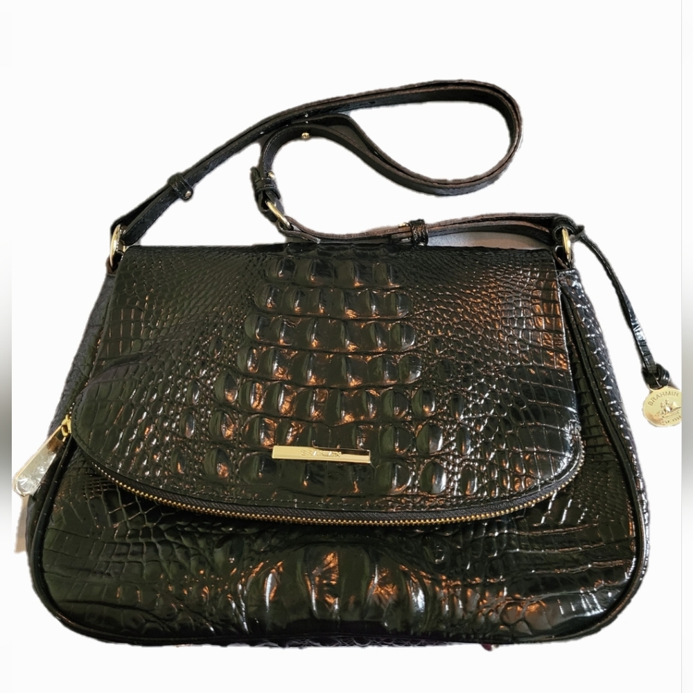 Brahmin Black Crossbody Bag with Crocodile Embossed Leather